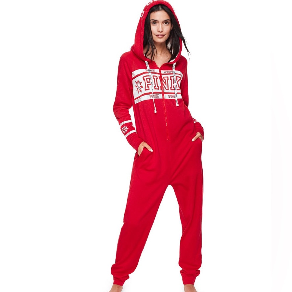 VICTORIAS SECRET PINK CHRISTMAS LOUNGE JOGGERS JUMPSUIT IN RED SNOWFLAKE SZ XS